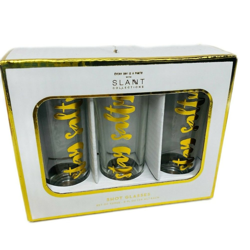 Set of 3 Gold Foiled Nautical Shot Glasses Stay Salty Fun Funny Clear Glass Bar